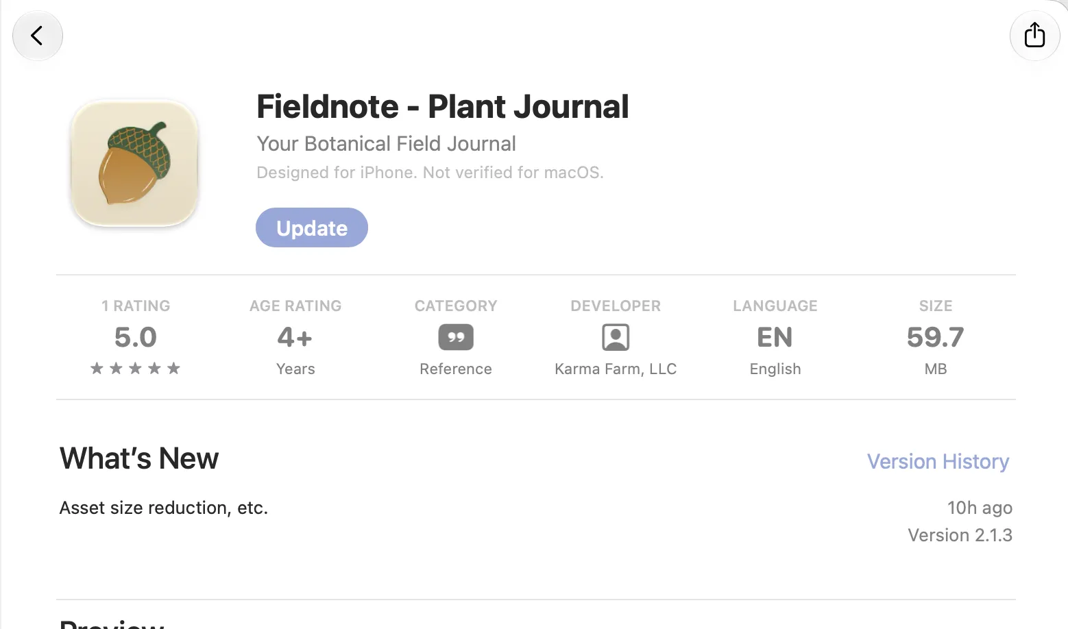 The App Store listing after: 59.7 MB — a 5× reduction with identical images