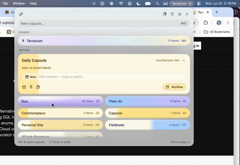Capsule open in the macOS menu bar, showing task capsules and their attached context
