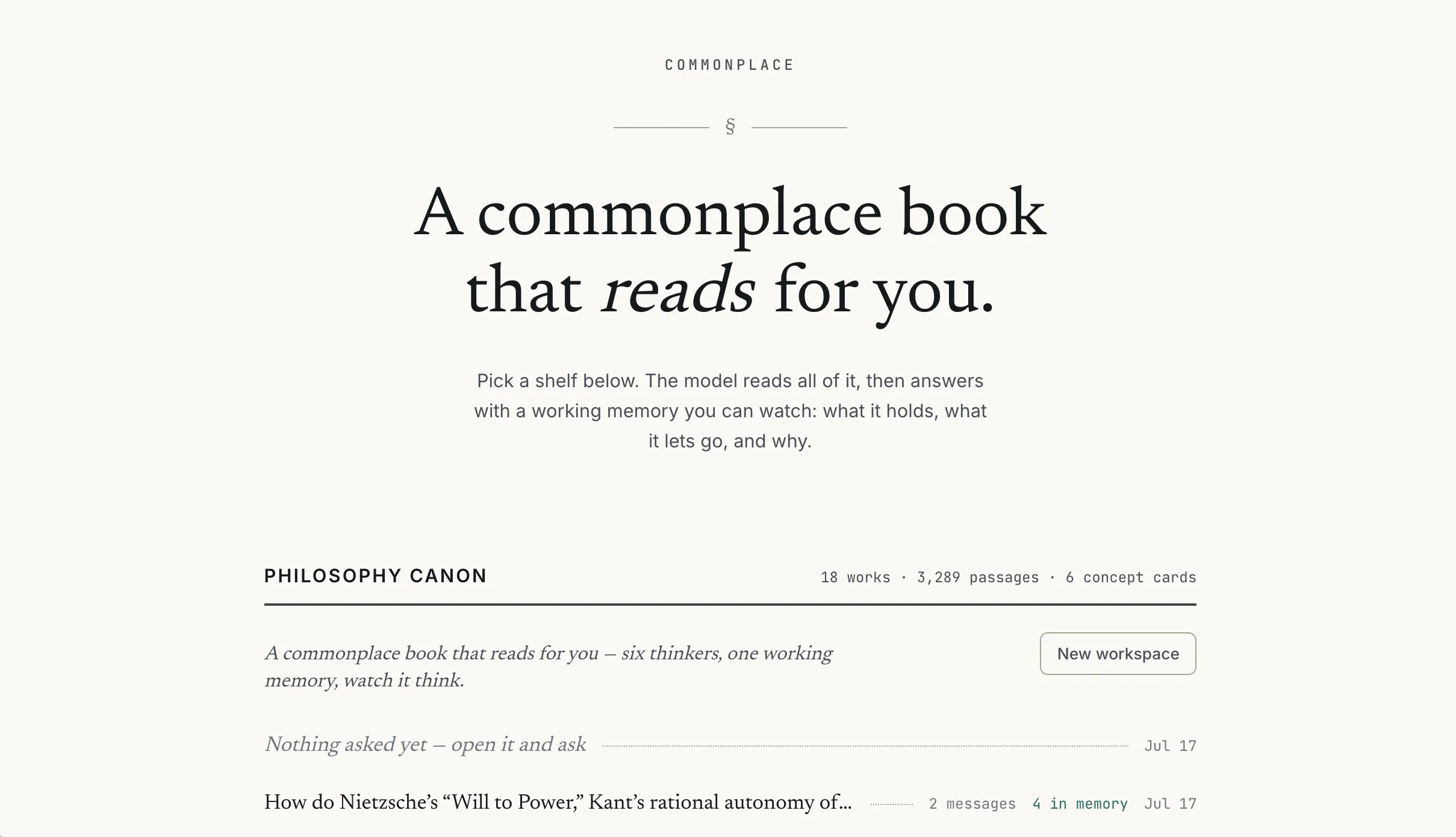 Commonplace home — shelves of works with passage and concept-card counts