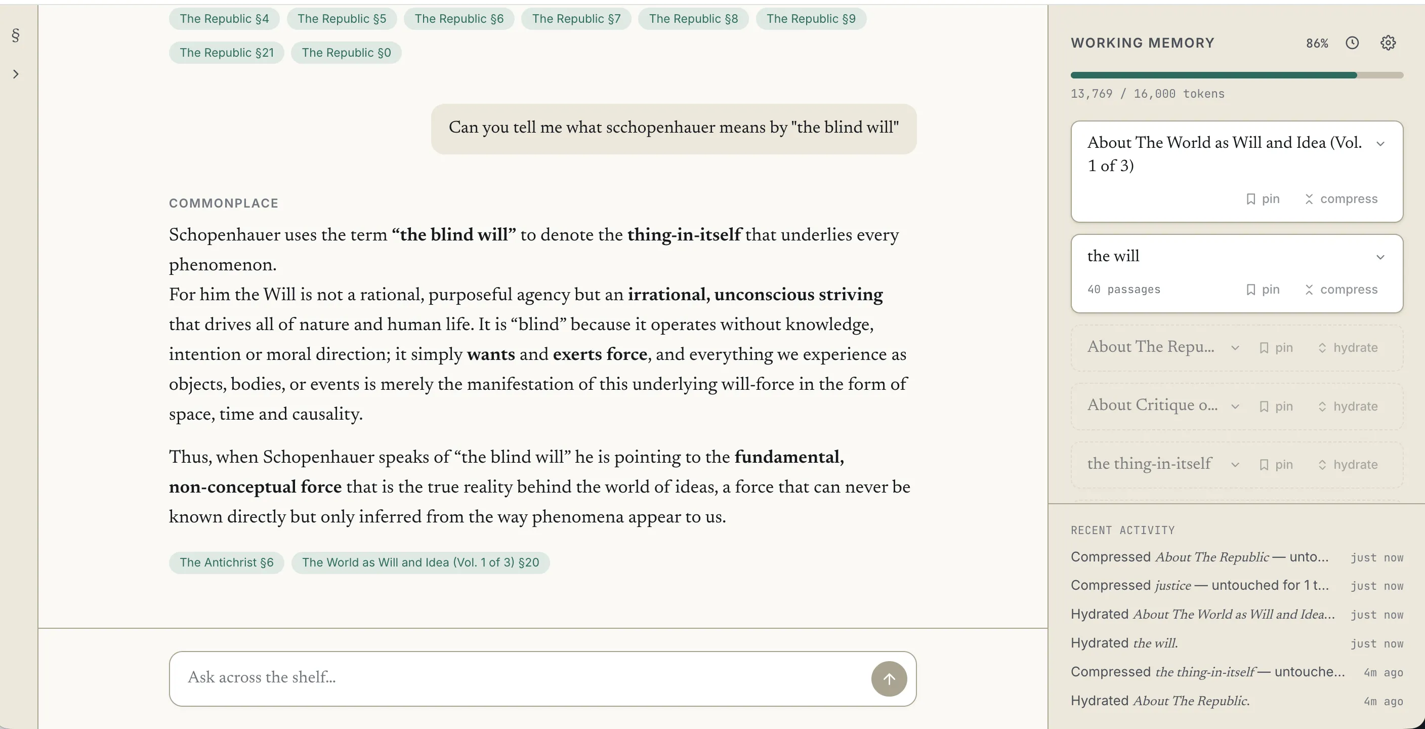 Commonplace workspace answering a question about Schopenhauer with visible working memory