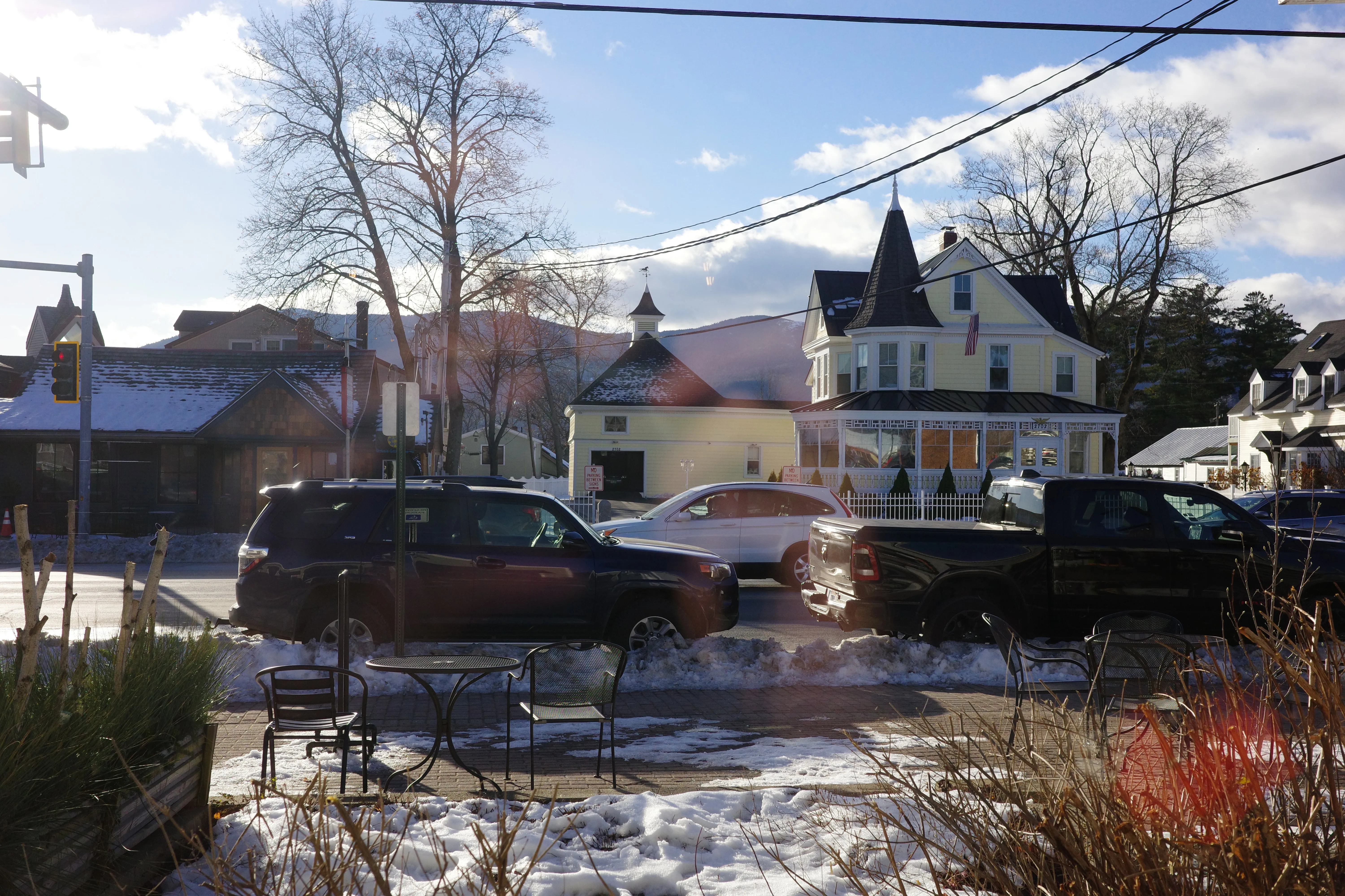Town of North Conway, seen from Frontside coffee shop, with the moat mountain visible in the back