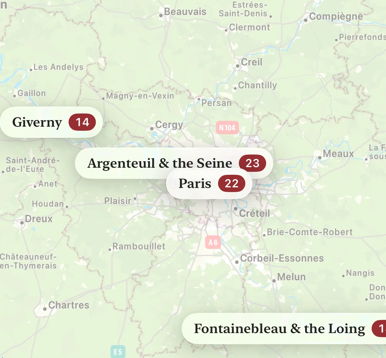 Plein Air map with painting clusters around Giverny, Argenteuil, Paris, and Fontainebleau